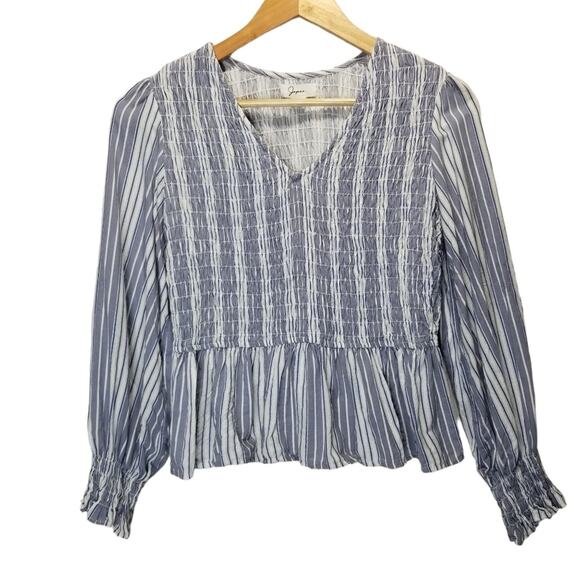 Japna Tops - Japna Blouse Size Large Long Sleeve Shirred Striped Cropped Peplum V neck
